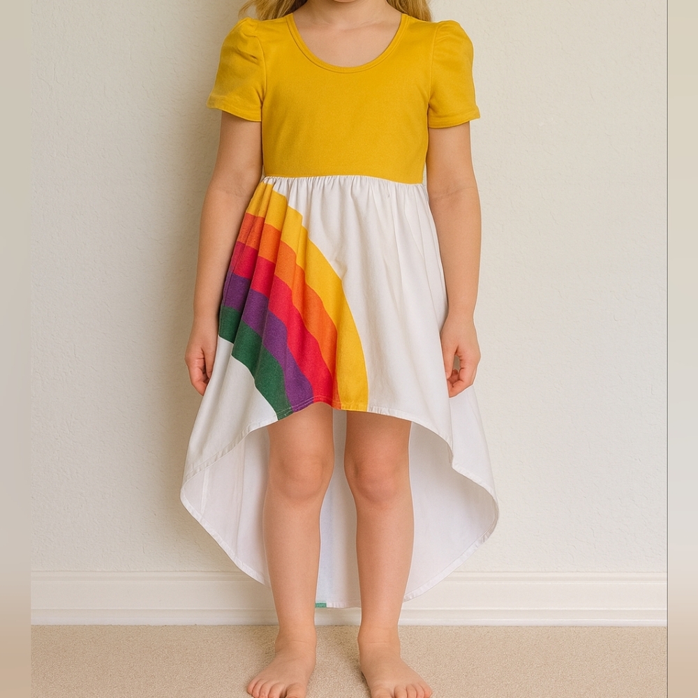 Vibrant Yellow and Rainbow Kids Dress - Picture 3 of 7